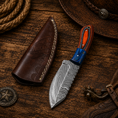 Handcrafted Skinning Premium Damascus Western Cowboy Field Work Tool with Leather Sheath