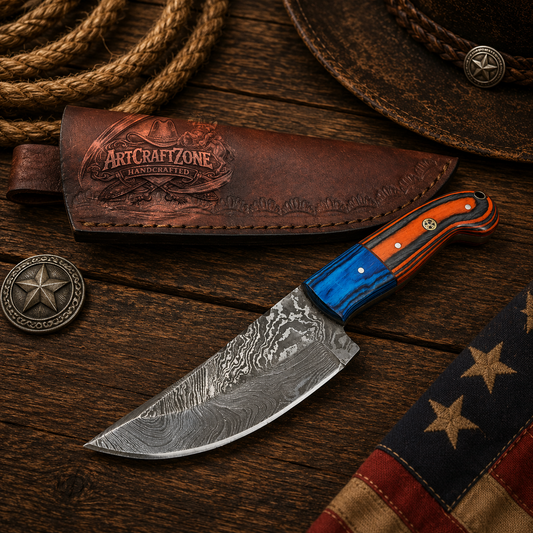 Handcrafted Skinning Premium Damascus Western Cowboy Field Work Tool with Leather Sheath