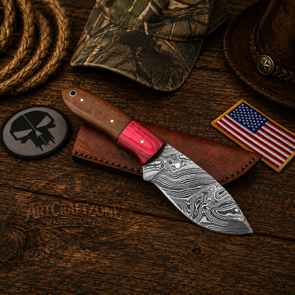 Handcrafted Skinning Premium Damascus Western Cowboy Field Work Tool with Leather Sheath