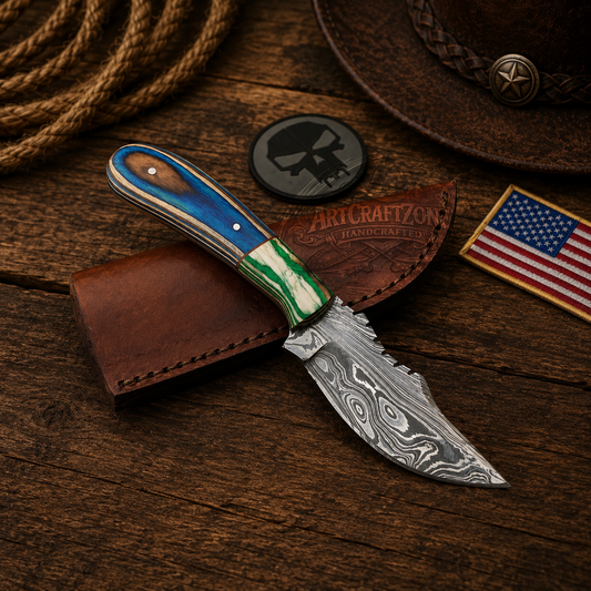 Handcrafted Skinning Premium Damascus Western Cowboy Field Work Tool with Leather Sheath