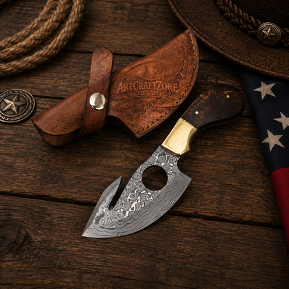 Handcrafted Gut Hook Skinning Premium Damascus Western Cowboy Field Work Tool with Leather Sheath