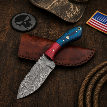8" Handcrafted Damascus Ranch Utility Knife Exotic Wood Handle - Leather Sheath