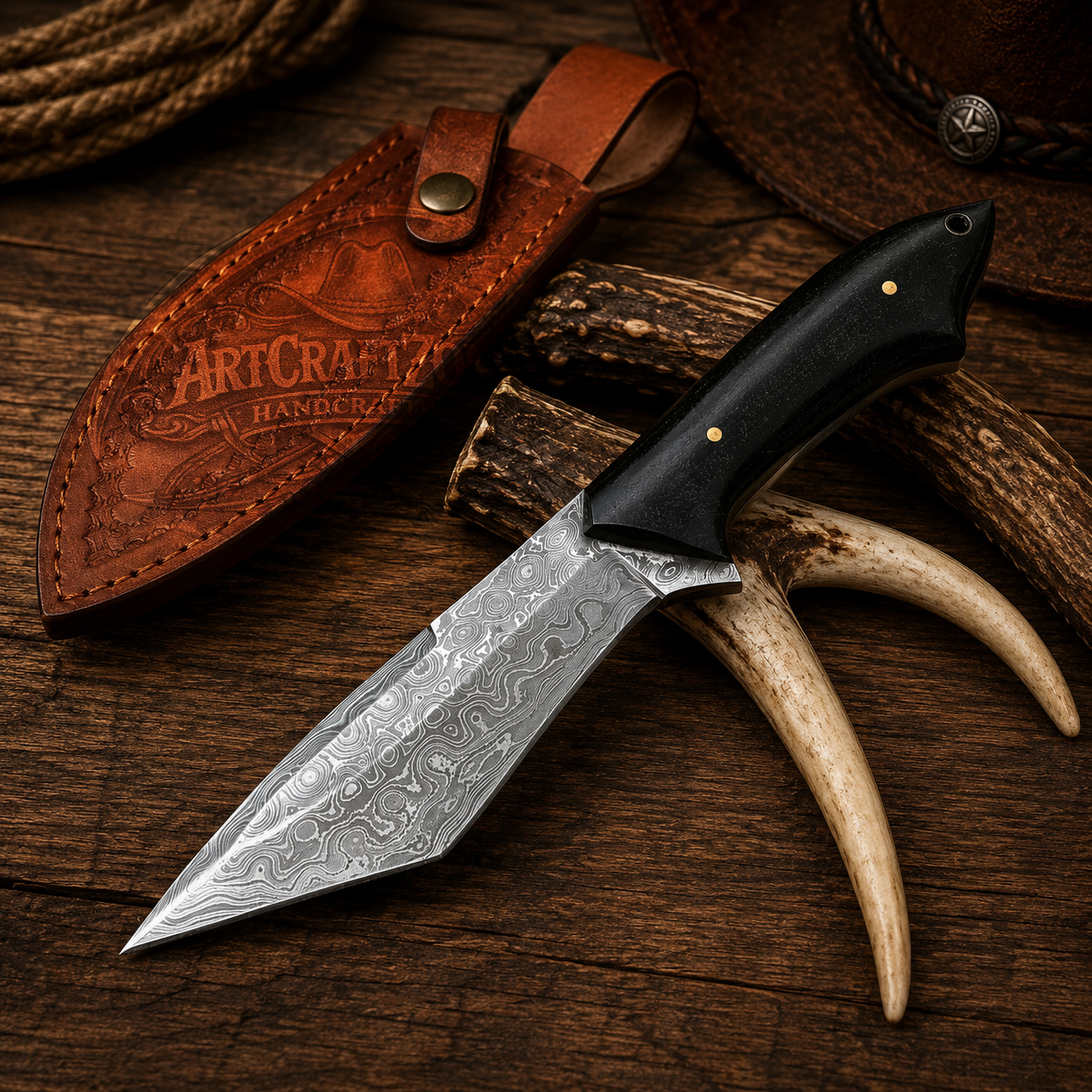 8.5" Handcrafted Saxon Point Damascus Steel Black Micarta Handle - Leather Sheath