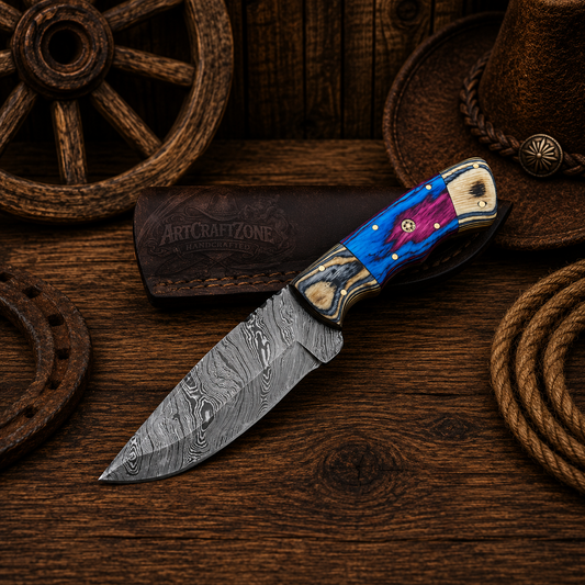 9" Handcrafted Skinning Knife Damascus Steel Pakka Wood Dollar Handle - Leather Sheath