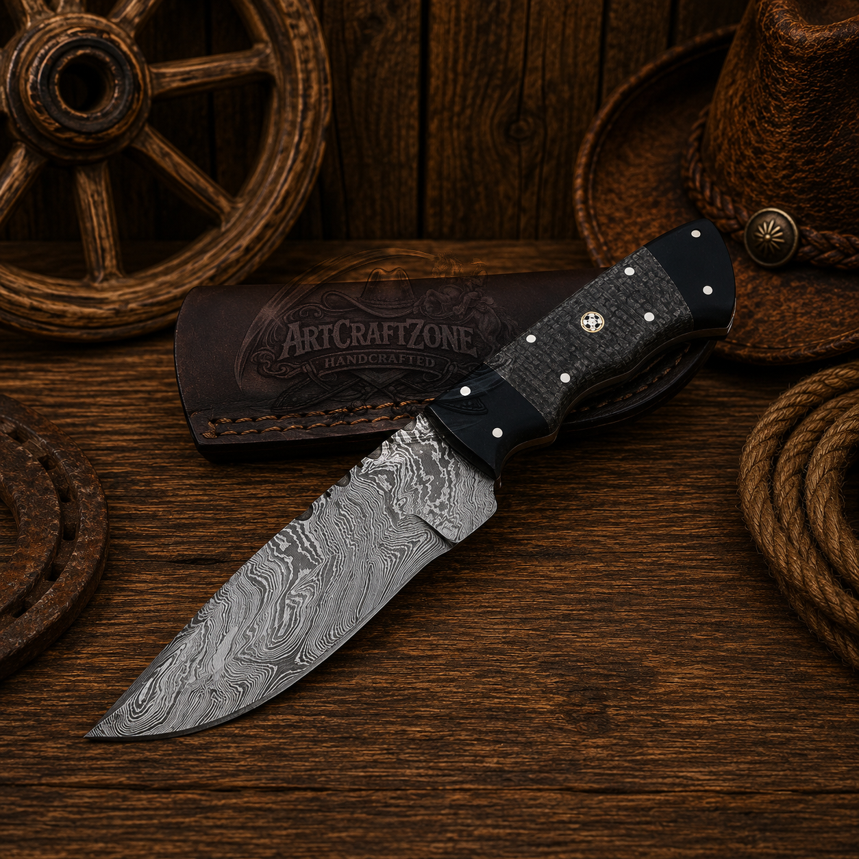 9" Handcrafted Skinning Knife Damascus Steel Micarta Handle - Leather Sheath