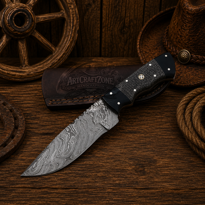 9" Handcrafted Skinning Knife Damascus Steel Micarta Handle - Leather Sheath