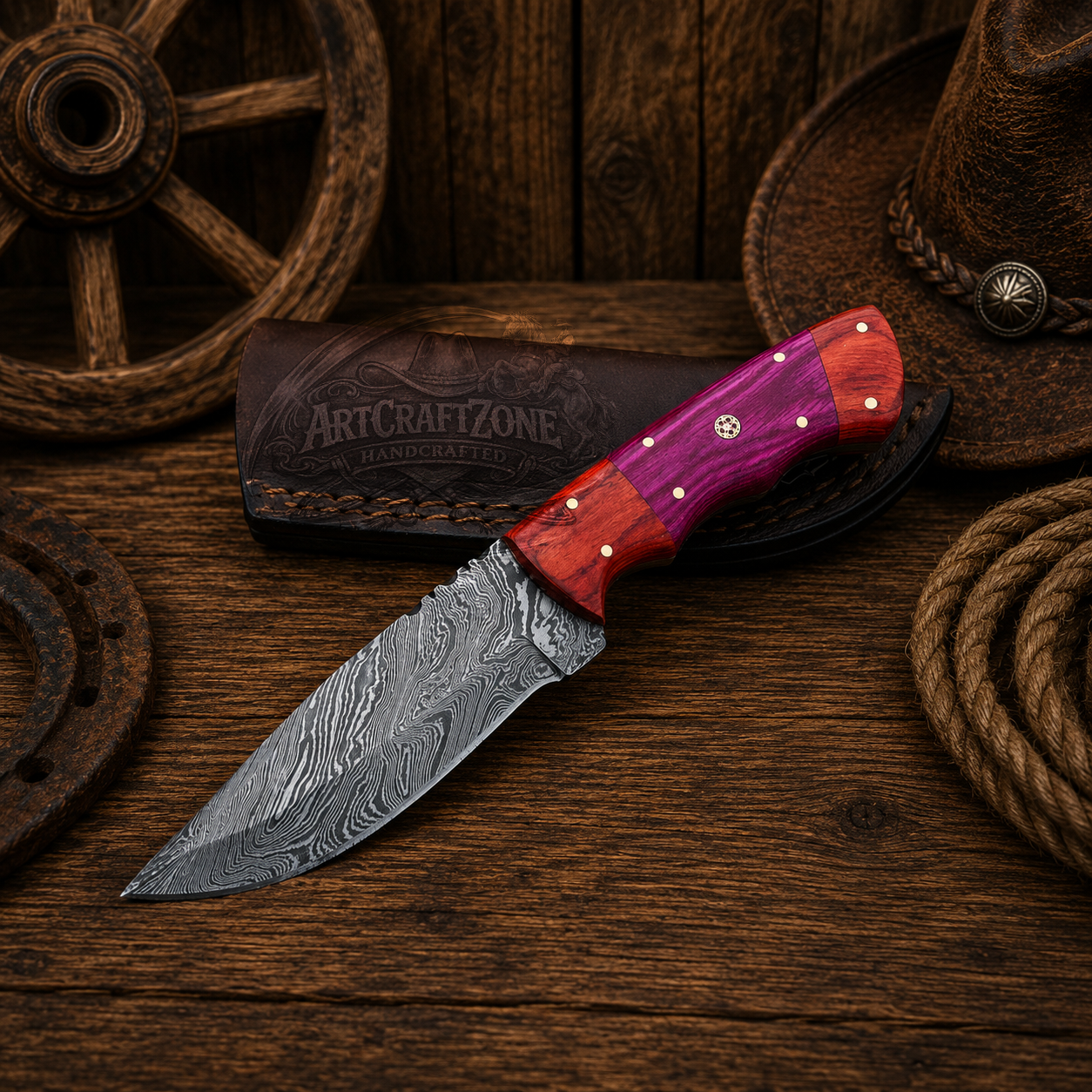 9" Handcrafted Skinning Knife Damascus Steel Pakka Wood Dollar Handle - Leather Sheath