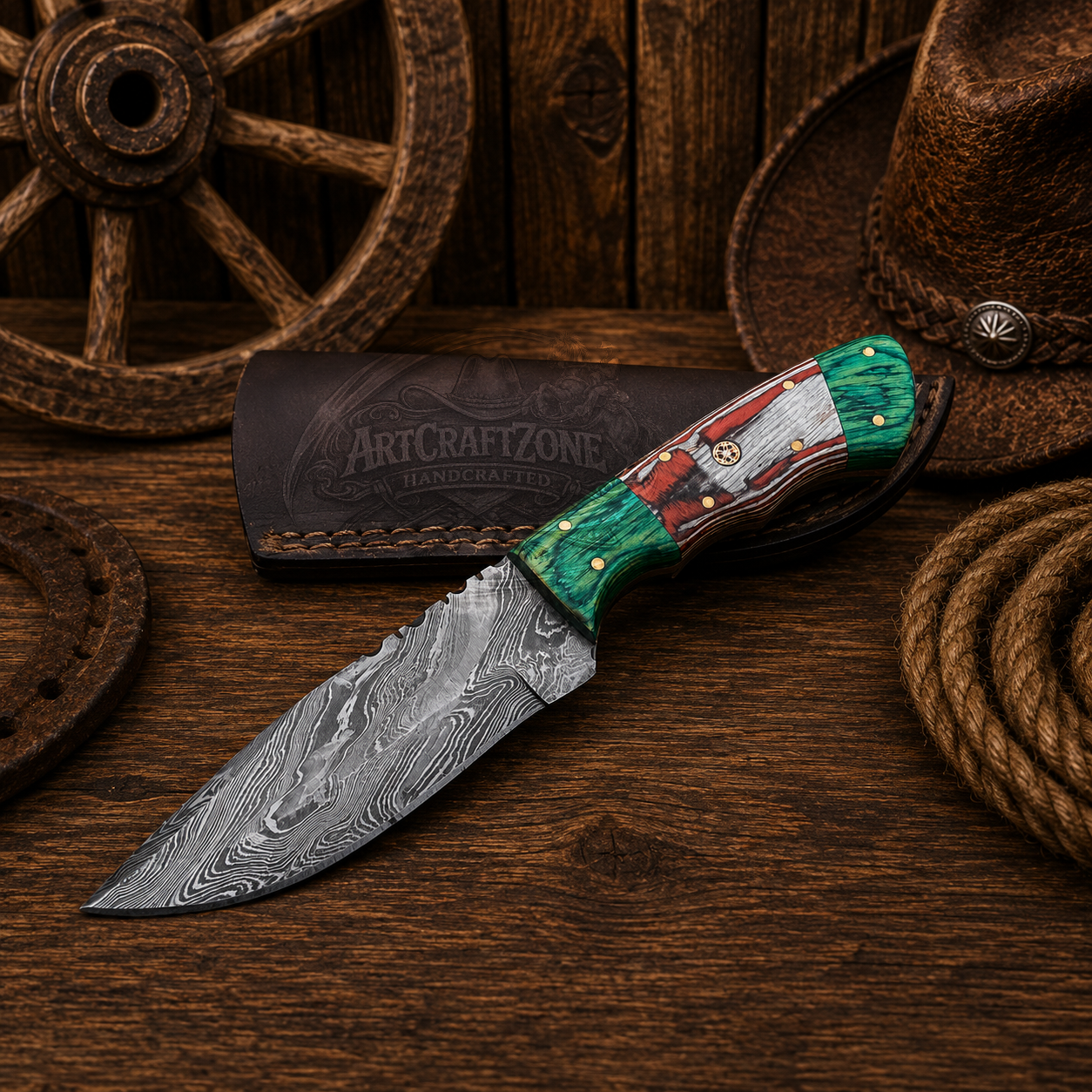 9" Handcrafted Skinning Knife Damascus Steel Pakka Wood Dollar Handle - Leather Sheath