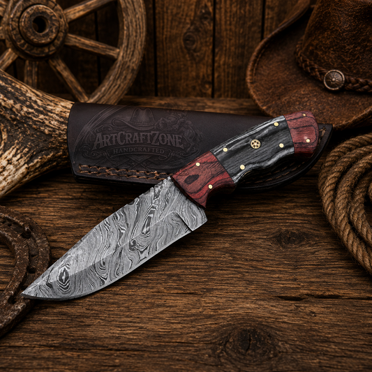 9" Handcrafted Skinning Knife Damascus Steel Pakka Wood Black Handle - Leather Sheath