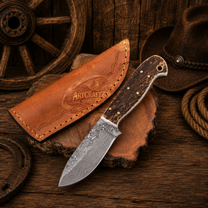 7" Handcrafted Skinning Knife Damascus Steel Antler Handle - Leather Sheath