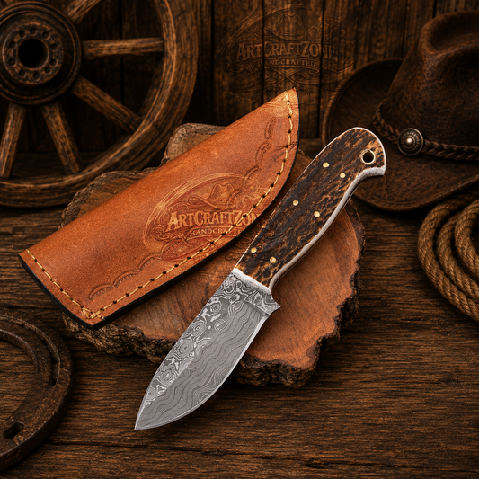 7" Handcrafted Skinning Knife Damascus Steel Antler Handle - Leather Sheath