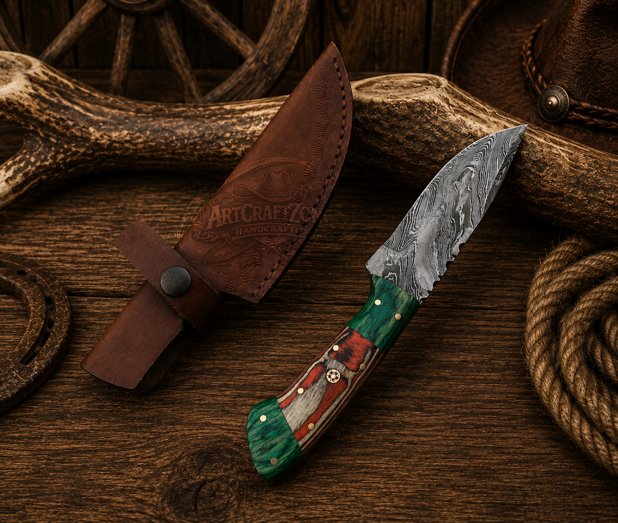 9" Handcrafted Skinning Knife Damascus Steel Pakka Wood Dollar Handle - Leather Sheath