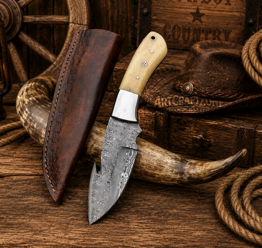 Handcrafted Gut Hook Skinner Premium Damascus Western Cowboy Field Work Tool with Leather Sheath