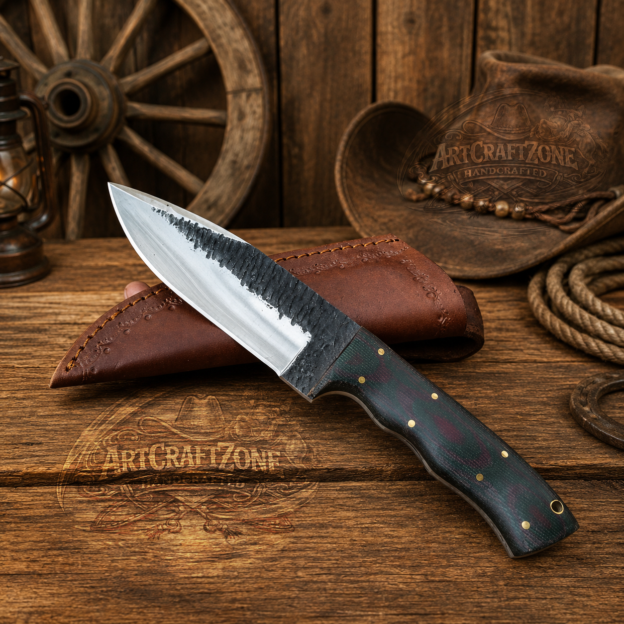 Handcrafted High Carbon Steel Western Cowboy Field Work Tool with Leather Sheath