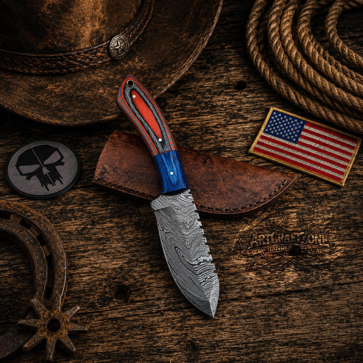 Handcrafted Skinning Premium Damascus Western Cowboy Field Work Tool with Leather Sheath