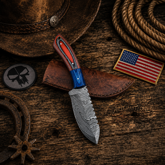 Handcrafted Skinning Premium Damascus Western Cowboy Field Work Tool with Leather Sheath
