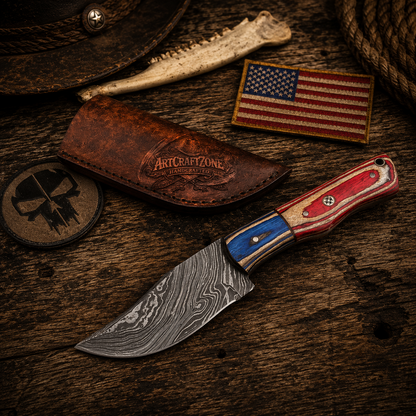Handcrafted Skinning Premium Damascus Western Cowboy Field Work Tool with Leather Sheath