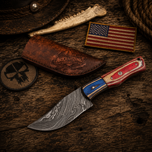 Handcrafted Skinning Premium Damascus Western Cowboy Field Work Tool with Leather Sheath