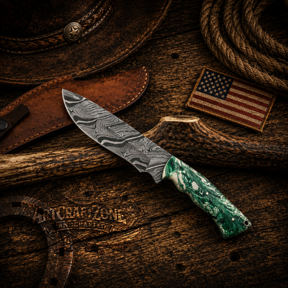 Handcrafted Hunting Snake Pattern Damascus Western Cowboy Field Work Tool with Leather Sheath