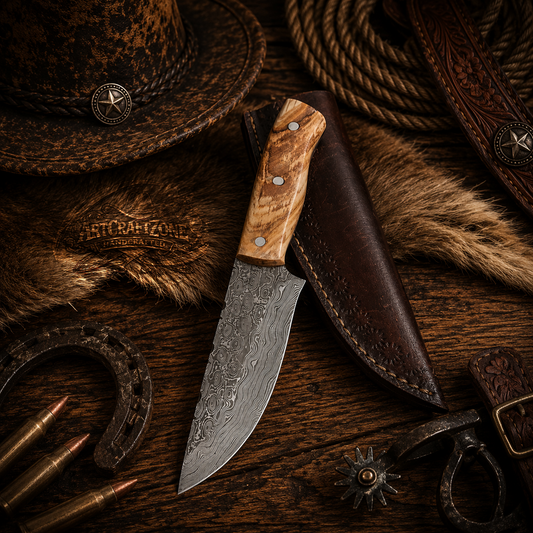 Handcrafted EDC Skinning Premium Damascus Western Cowboy Field Work Tool with Leather Sheath