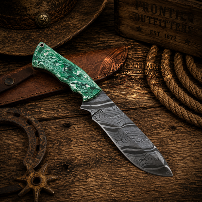 Handcrafted Hunting Snake Pattern Damascus Western Cowboy Field Work Tool with Leather Sheath