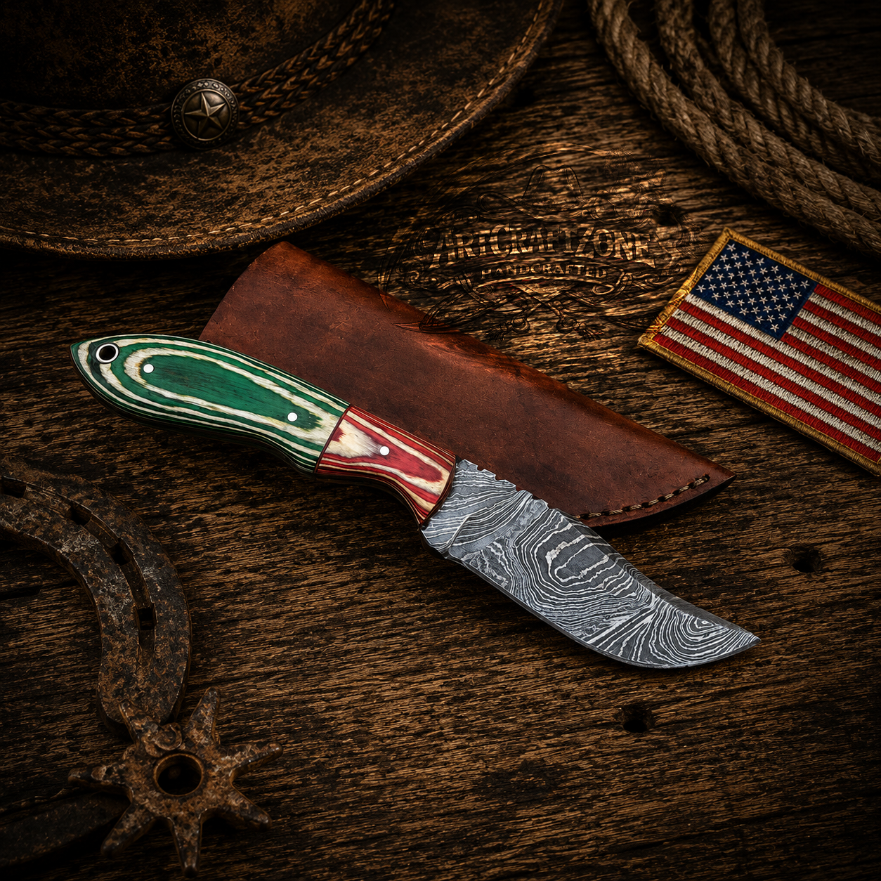 8" Handcrafted Damascus Skinning Field Work Knife Exotic Wood Handle - Leather Sheath