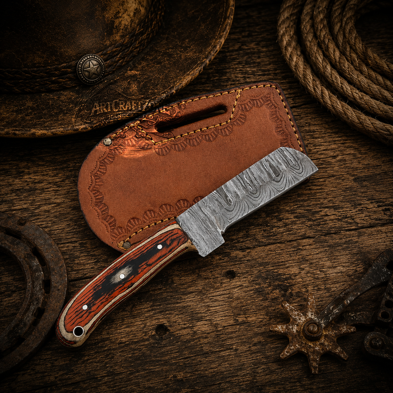 Handcrafted Bull Cutter 8" Damascus Snake Wood Cowboy Field Work Tool With Leather Sheath