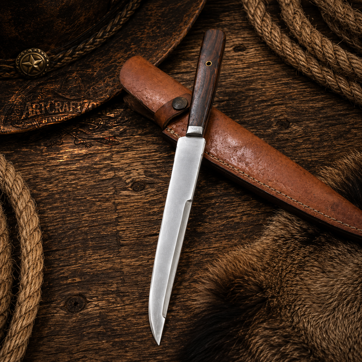 Handcrafted Fishing Fillet High Carbon Steel Western Cowboy Field Work Tool with Leather Sheath