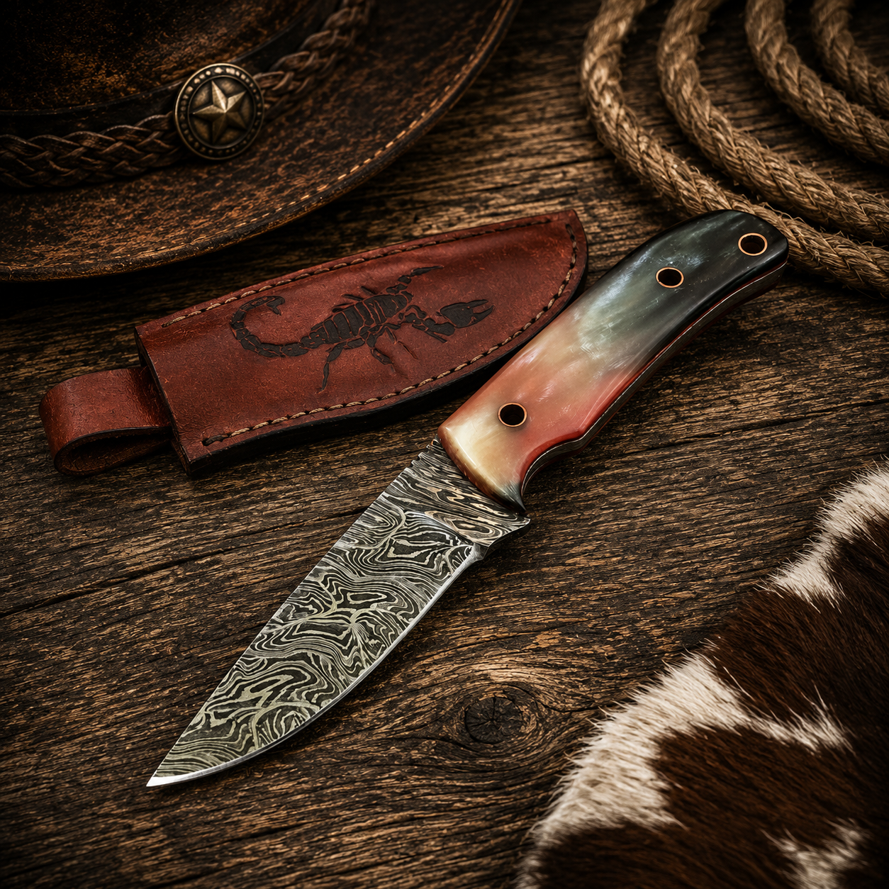Handcrafted EDC Skinning Real Damascus Western Cowboy Field Work Tool with Leather Sheath
