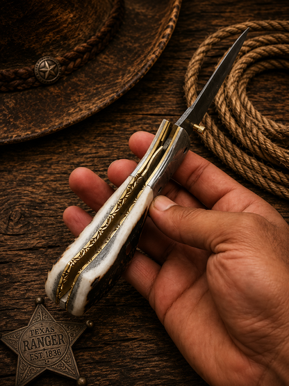 Handcrafted Antler Handle Damascus Western Cowboy Pocket Tool Engraved Guard with Leather Sheath