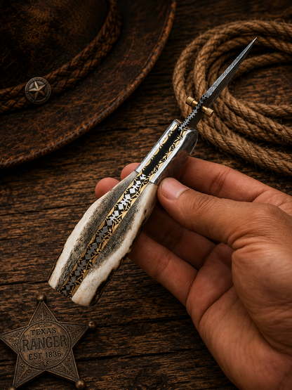 Handcrafted Antler Handle Damascus Western Cowboy Pocket Tool Engraved Guard with Leather Sheath