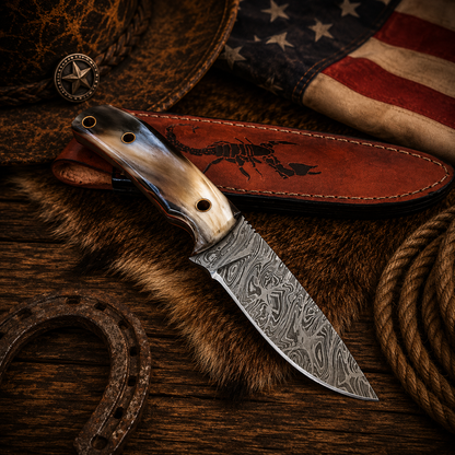 Handcrafted EDC Skinning Real Damascus Western Cowboy Field Work Tool with Leather Sheath