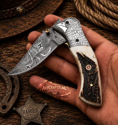 Handcrafted Antler Handle Damascus Western Cowboy Pocket Tool Engraved Guard with Leather Sheath