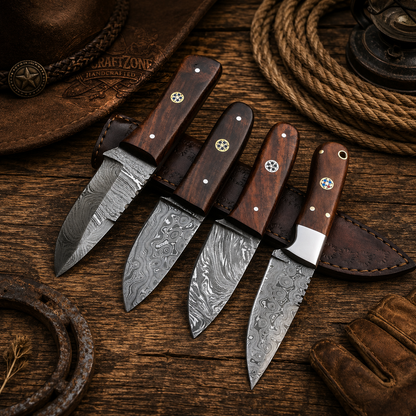 Handcrafted Mini EDC Skinning Premium Damascus Western Cowboy Field Work Tool with Leather Sheath