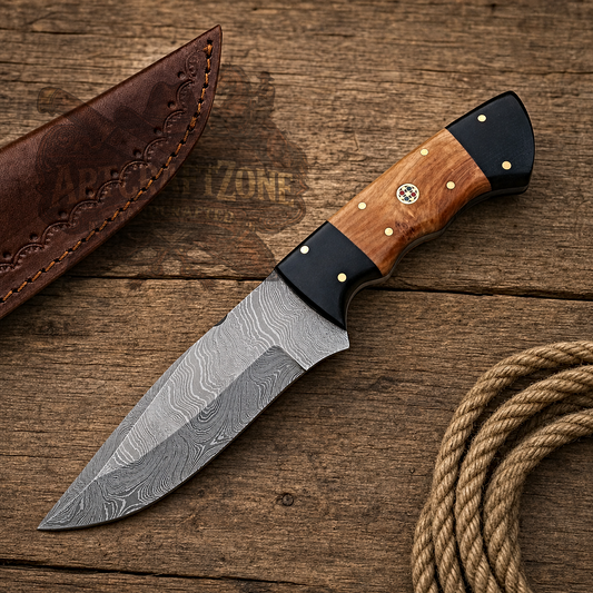 Handcrafted 9" Damascus Steel Field Work Western Cowboy Tool with Leather Sheath