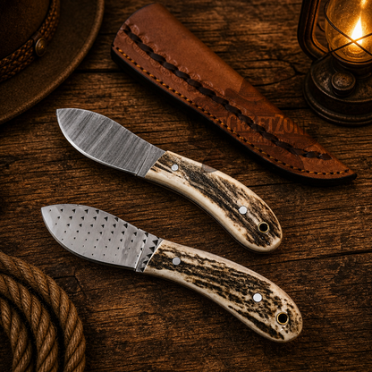 Handcrafted 6" Damascus & Rasp Steel Western Cowboy Tool Pair with Antler Handles & Leather Sheath