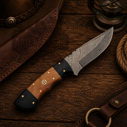 Handcrafted 9" Damascus Steel Field Work Western Cowboy Tool with Leather Sheath