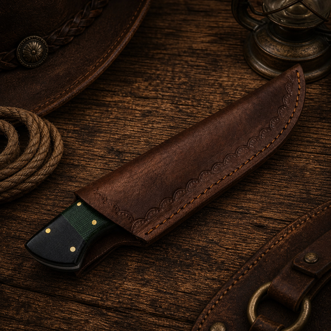 Handcrafted 9" Damascus Steel Field Work Western Cowboy Tool with Leather Sheath