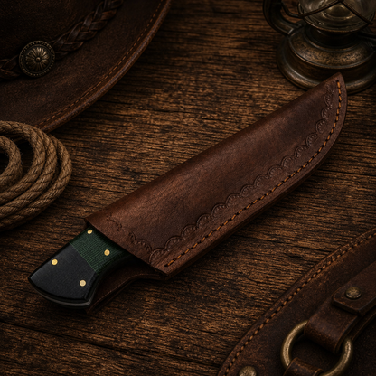Handcrafted 9" Damascus Steel Field Work Western Cowboy Tool with Leather Sheath