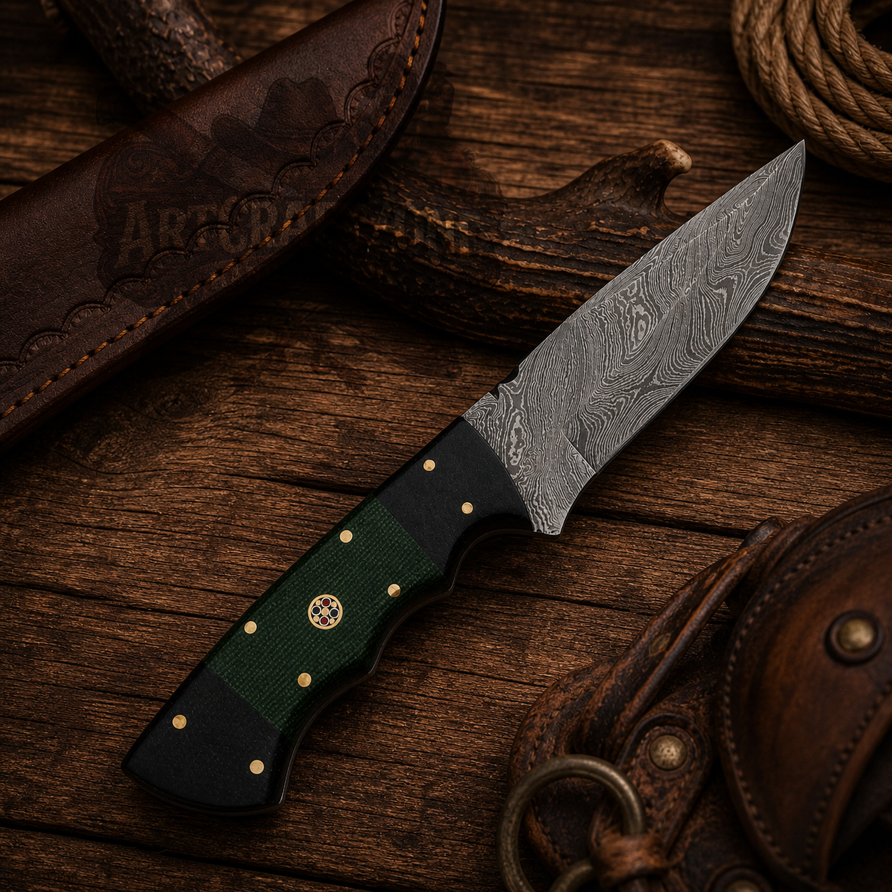 Handcrafted 9" Damascus Steel Field Work Western Cowboy Tool with Leather Sheath