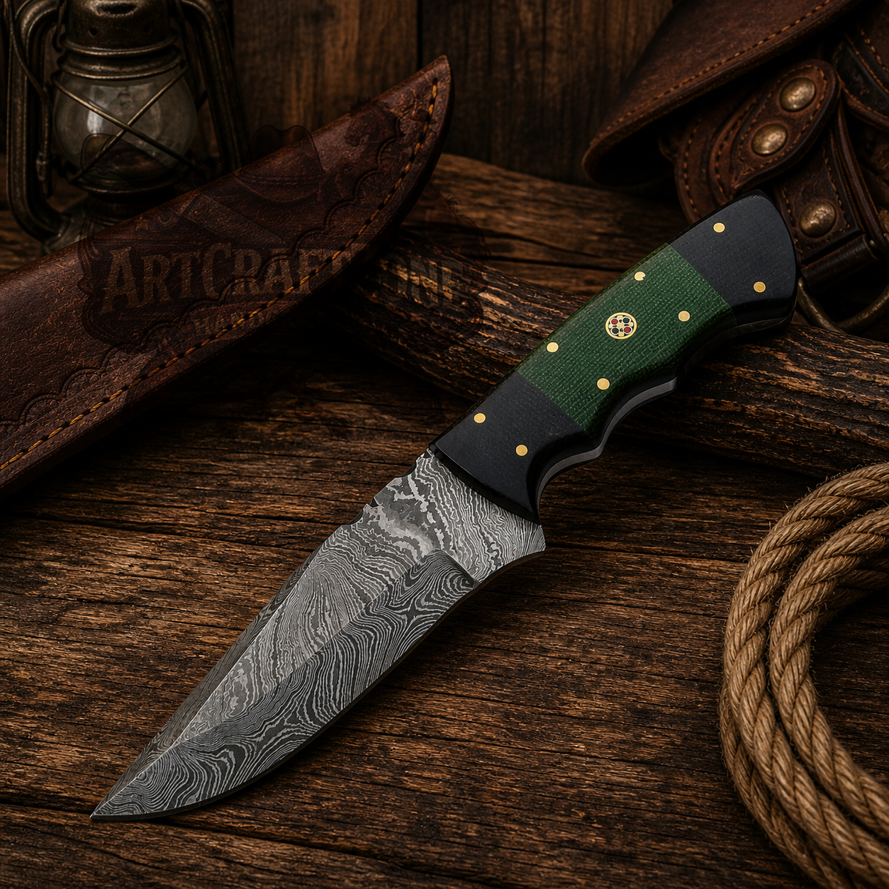 Handcrafted 9" Damascus Steel Field Work Western Cowboy Tool with Leather Sheath