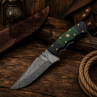 Handcrafted 9" Damascus Steel Field Work Western Cowboy Tool with Leather Sheath