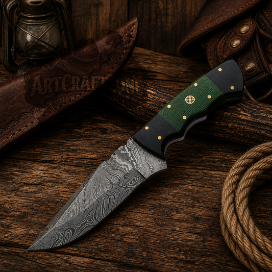 Handcrafted 9" Damascus Steel Field Work Western Cowboy Tool with Leather Sheath