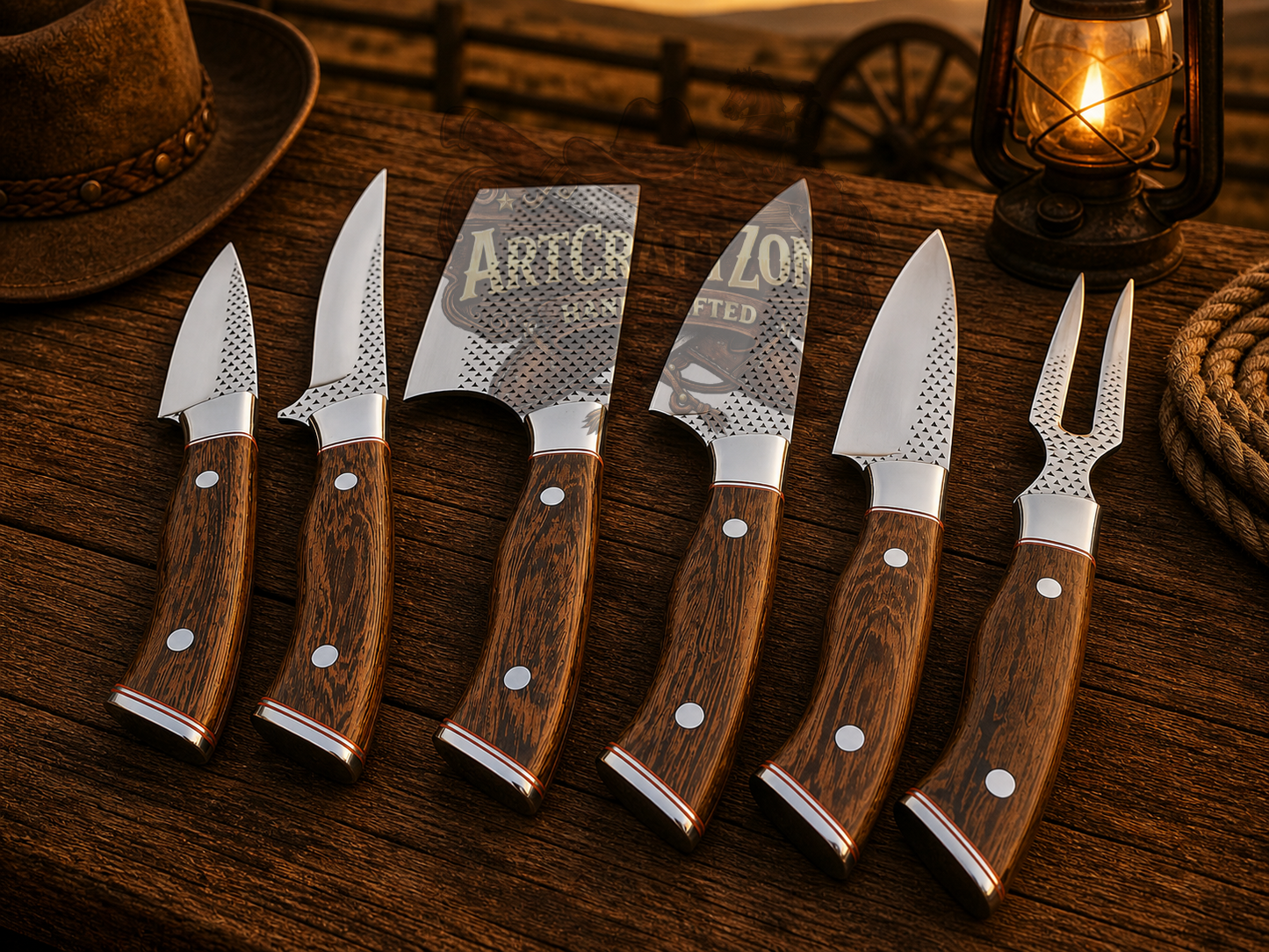 Handcrafted 6-Piece Rasp File Steel Kitchen Chef Knife Set with Wenge Wood Handles