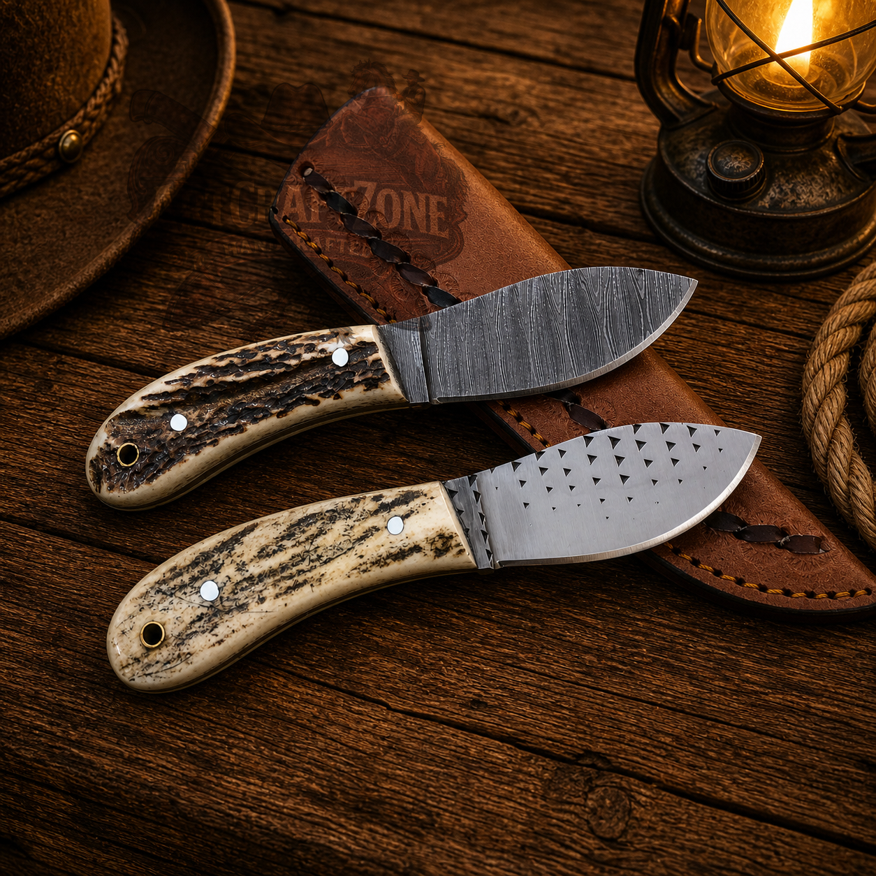Handcrafted 6" Damascus & Rasp Steel Western Cowboy Tool Pair with Antler Handles & Leather Sheath