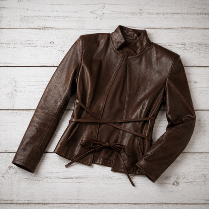 A dark brown leather jacket with a stand-up collar and a matching self-tie belt, laid flat on a white-washed wooden plank background.