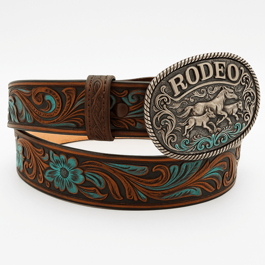 A western-style leather belt with a large engraved buckle featuring horses and the word 'RODEO'. The belt has tooled floral and scroll patterns in brown and turquoise on a black base, shown coiled on a white background.