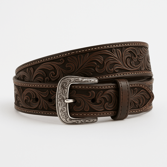 A dark brown tooled leather belt with an engraved silver buckle, coiled on a light gray background.