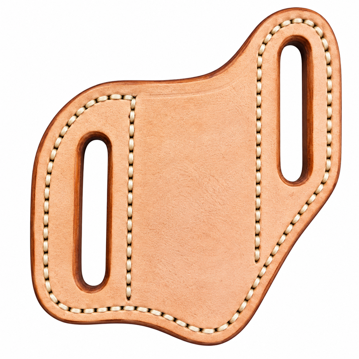 A tan leather belt holster with double cutouts and decorative contrast stitching, shown on a solid white background.
