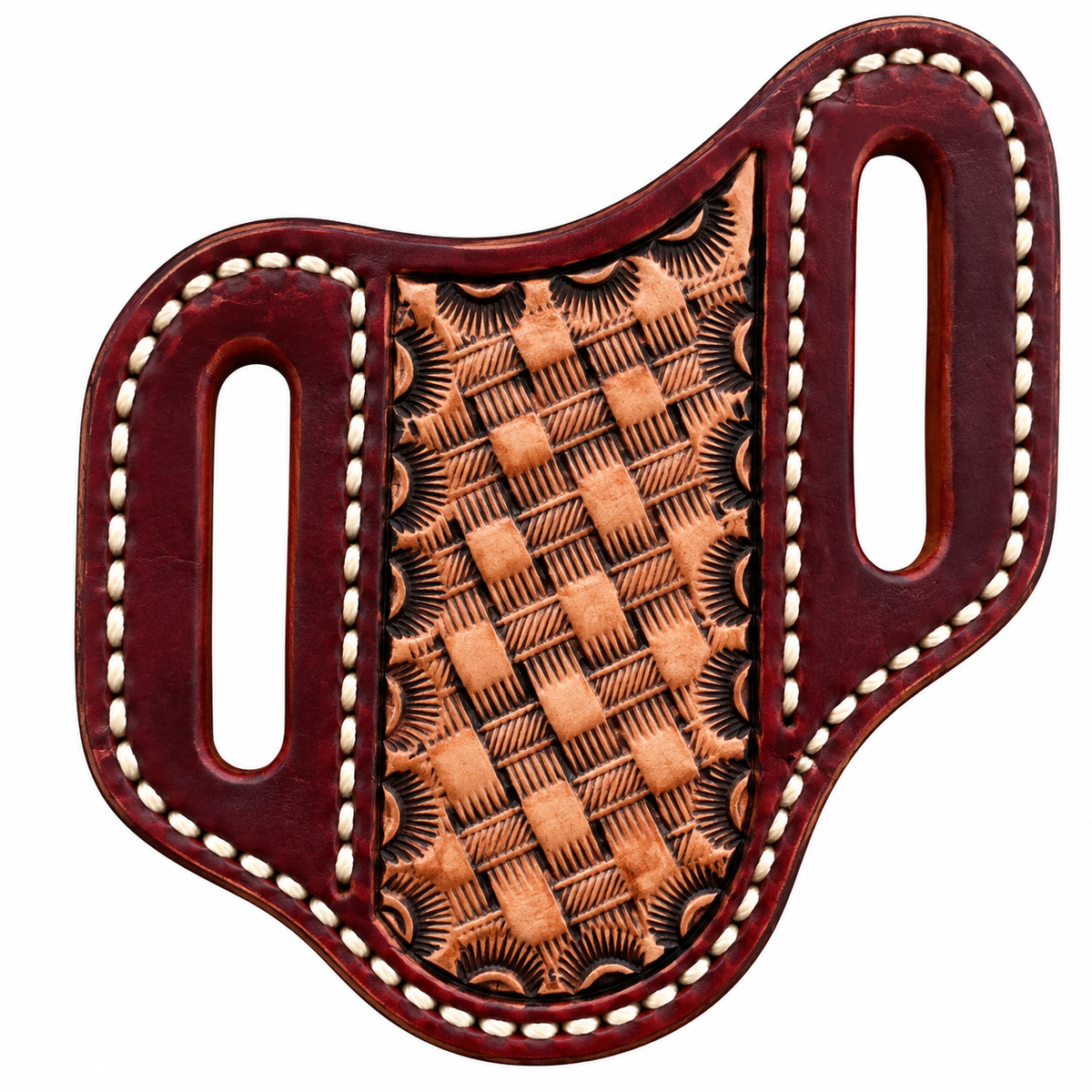 A hand-tooled leather belt holster with a reddish-brown leather body, two cutout loops, and a central tooled panel showing a tan and brown basketweave pattern with black engraved details. White contrast stitching outlines the edges.
